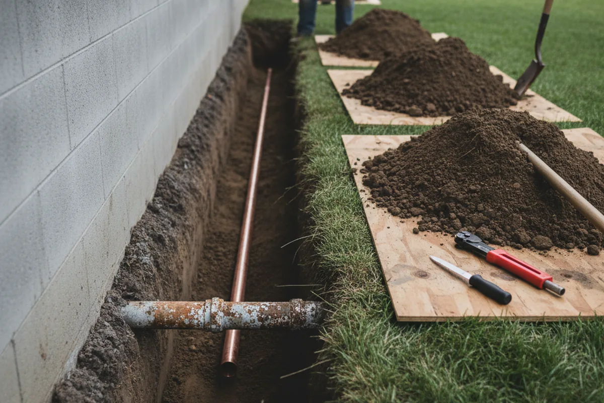 Excavated water line trench during Water Heater Repair in Kiefer